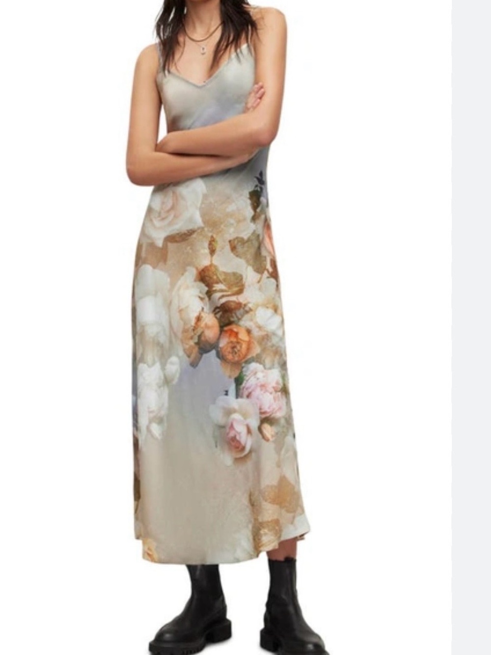 AllSaints Rosalia Maxi Dress in Cream, Brown and Rust Print